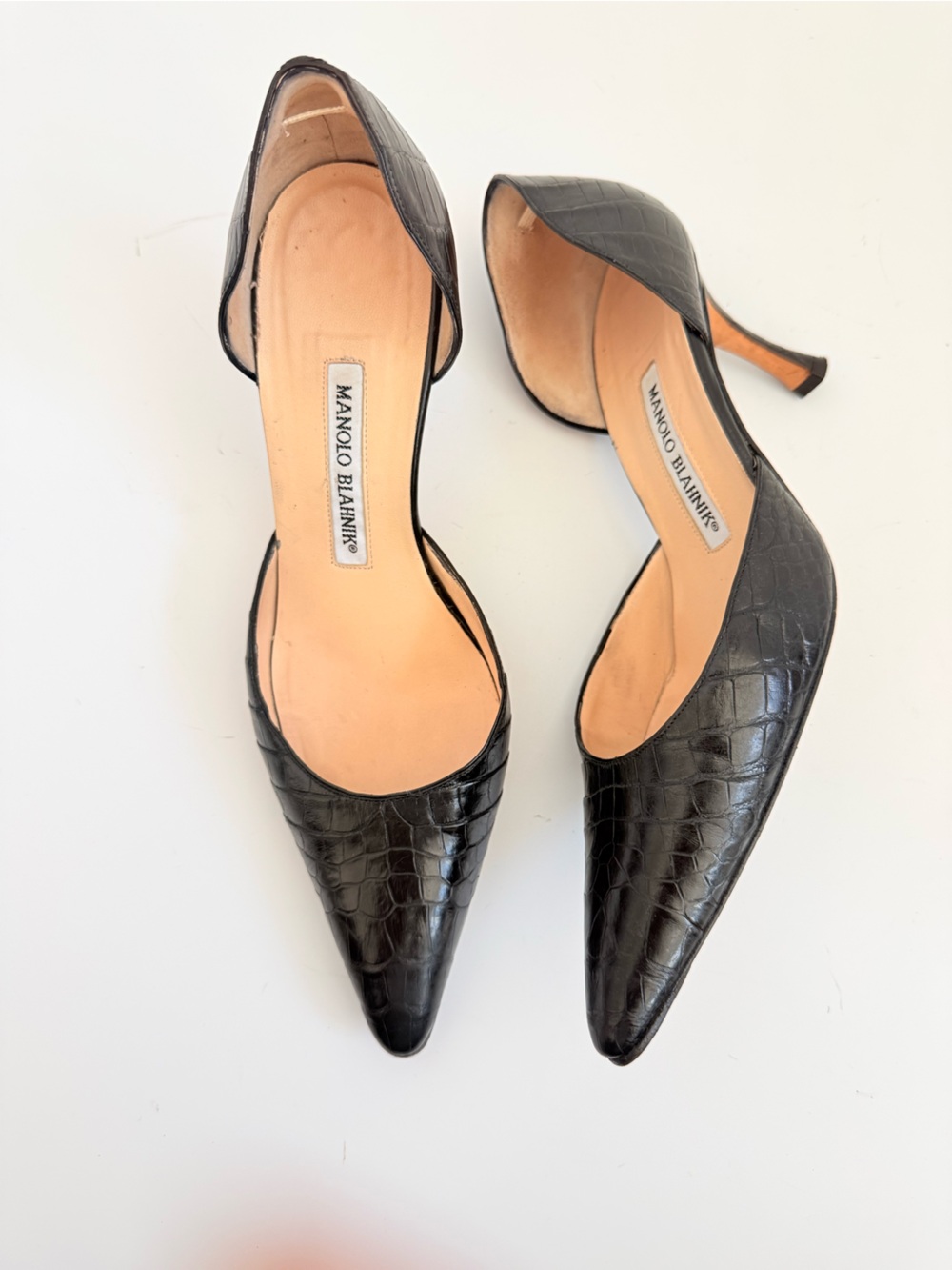 Manolo Blahnik Vintage Black Genuine Alligator D’Orsay Pumps Heels 37.5